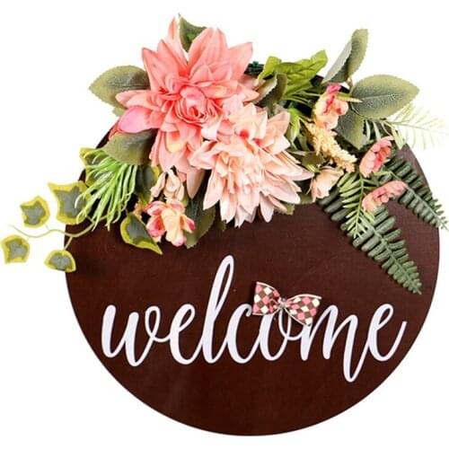 Promotion! Rustic Welcome Sign with Artificial Dahlia Front Door Decor Round Wood Hanging Sign Farmhouse Porch Decorations for H