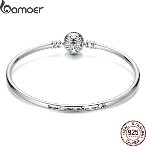 Bamoer New Arrival Authentic 925 Sterling Silver Dazzling Butterfly Simple Basic Bangle Bracelet for Women Silver Jewelry Gift