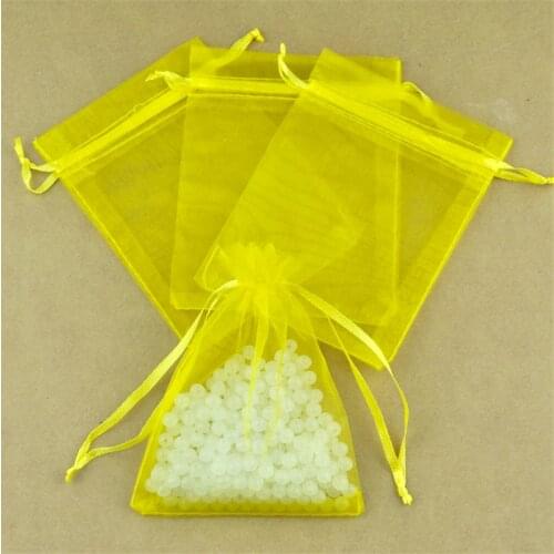 Free shipping 100pcs 9x12cm yellow color Drawable Organza Bags Wedding Christmas Gift Packaging Bags Pouches