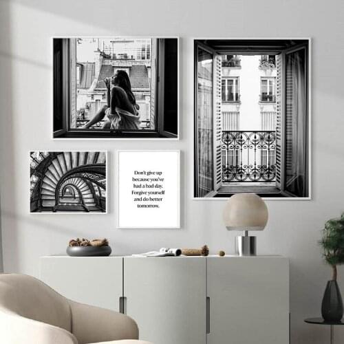 Black & White Window Girl Canvas Wall Nordic Print Posters Abstract Line Drawing Art Painting Inspirational Picture Home Decor