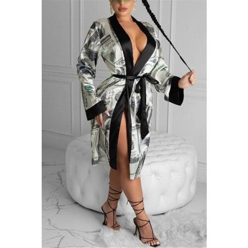 Womens Satin Robe Trendy Dollar Fashion Print Comfortable Simple Long Sleeve Silky Kimono Bathrobe Sleepwear With Belt