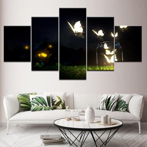 Canvas Painting Glowing fly on the grass at night 5 Pieces Wall Art Painting Modular Wallpapers Poster Print Home Decor