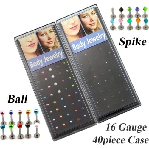 40pieces 16 Guage Anodized Colorful Ball & Spike 316L Stainless Steel Labret Stud Ring Lip Piercing Bar Tragus Body Jewelry