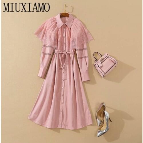 MIUXIMAO High Quality 2020 Fall Dress Lace Long Sleeve Slim Vintage Pink Solid Casual Dress Women vestidos With Belt