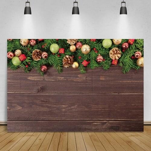Laeacco Christmas Wooden Boards Background Pine Leaves Colored Balls Toys Child Portrait Photocall Photographic Photo Backdrop