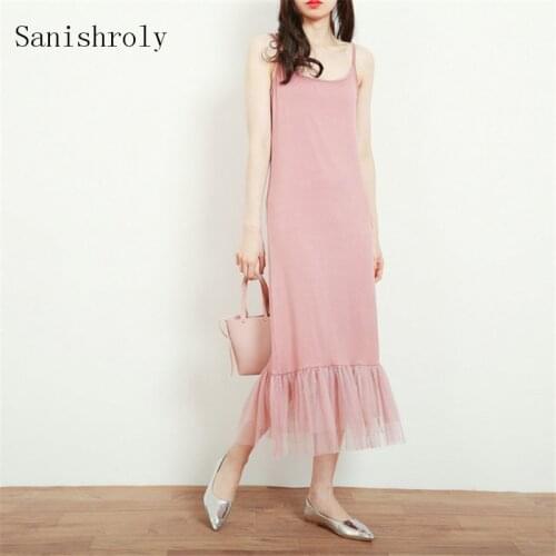 Sanishroly Summer Long Trumpet Dress Women Modal Patchwork Mesh Tank Dresses Female Lace Spaghetti Strap Dress Vestidos SE1183