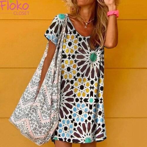 Flokocloset Summer Short Sleeve Print Mini Dress Casual V-Neck Party Beach Style A-Line Dresses