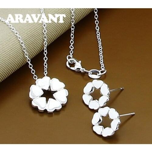 Wedding Jewelry Set 925 Silver Charm Full Heart Necklace Stud Earrings For Women Jewelry Set