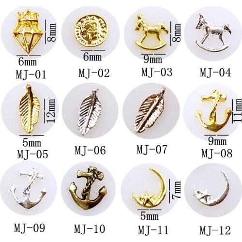 10Pcs/Lot Japan Gold Silver Coin Leaf Anchor Moon Star 3D DIY Metal Alloy Nail Art Deco Nail Stickers/Charms/ Tools for Manicure