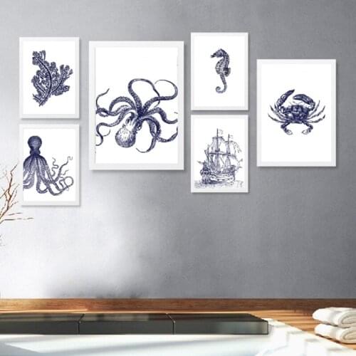 Octopus Nautical Vintage Posters and Prints Kraken Octopus,Sea horse Canvas Painting Pictures Rustic Bathroom Wall Art Decor