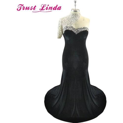 High Neck with Full Crystal Beads Prom Gown One Shoulder Black Velvet Mermaid Evening Dress for Wedding Party Custom Made