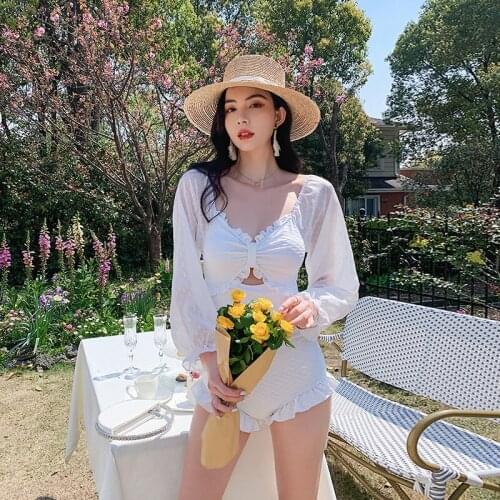 Mesh Long Sleeve Swimsuit Ruffle Wrap Chest Swimwear Solid Trikini Monokini Women One Piece Bathers Sexy Bandage Bathing Suit