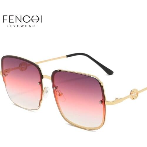 FENCHI Sunglasses Women 2020 luxury brand Retro Pink Gradual Chain Frame Square Sun Glasses Driving Eyewear Female Oculos De Sol