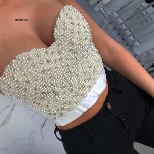 Sexy Top Women Pearl Rhinestones Crop Top Push Up Corset Tank Top Beaded Backless White Top Pearl Crop Tops Women