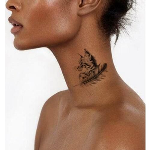 Small Size Black Cat Head Temporary Tattoo Stickers for Women Men Body Neck Waist Waterproof Fake Tatto Eye Beard Feathers Tatoo