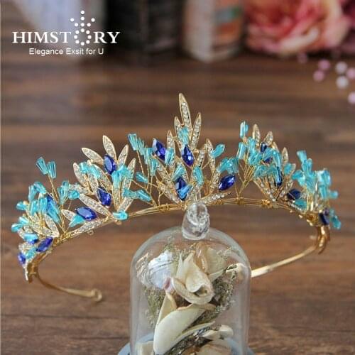 Top Quality Women Crown Blue Crystal Bead Tiara Golden Crown Tiaras Hair accessories charm Princess diadem wedding photography