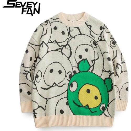 SEVEYFAN High Quality Mens Cartoon Animal Jacquard Sweater Casual Thick Cotton Knitwear Pullover for Couples