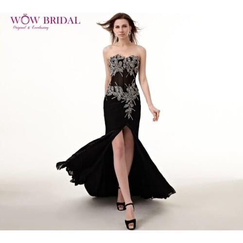 Wowbridal Sexy Black Long Evening Dress 2021 Sweetheart Strapless Crystal Pattern Sequins Beaded High Split Mermaid Women Dress