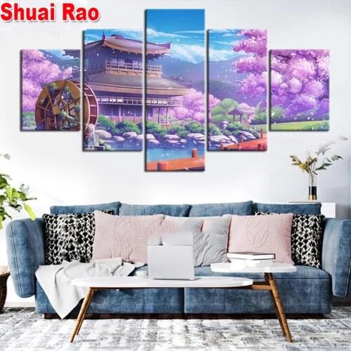 Japanese cherry blossom lake house 5 piece Diamond Painting Fu Full Diamond Embroidery Pattern Rhinestones Cross Stitch landscap