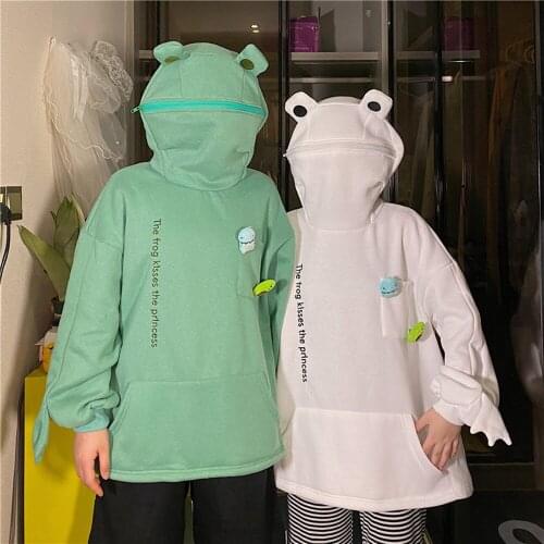 Harajuku Women Hoodie Frog Pullover Winter Sense Hooded Casual Sweatshirts Autumn Embroidery Loose Top Doll Decoration Hoodies