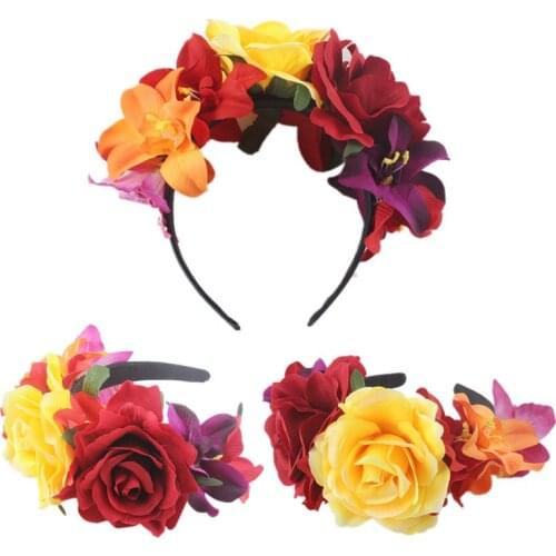 Women Day of The Dead Headband Artificial Contrast Color Rose Flower Crown with Fake Stamen Mexican Halloween Festival Headpiece