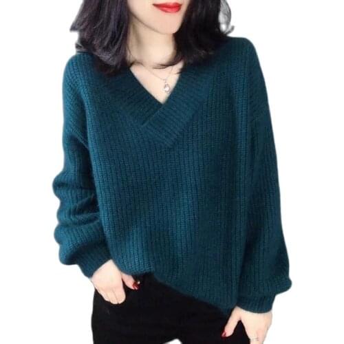 2021 Autumn/Winter New Korean version Sweater Pullover Loose large Size thick V-neck Bottom Solid Color Sweater Female Trend