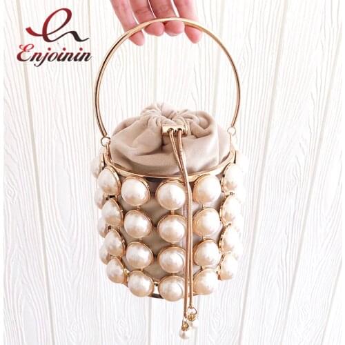 New Gold Pearls Evening Clutch Bag Women Purses and Handbags Luxury Beaded Designer Party Ladies Metallic Basket Bag Chain Purse