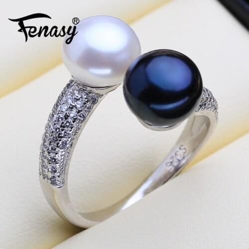 FENASY Pearl Jewelry Natural Pearl Rings For Women 925 Sterling Silver Party Dinner Luxury Vintage Ring With Double Pearl