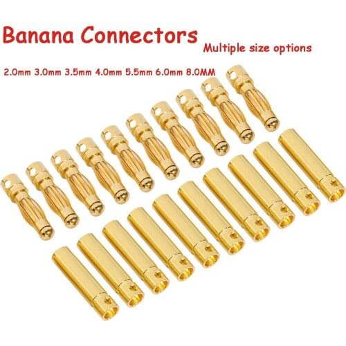 10pair/lot 2.0mm 3.0mm 3.5mm 4.0mm 5.0mm 5.5mm 6.0mm 6.5mm 8.0MM Gold Bullet Banana Connector plug for ESC Lipo RC battery Motor