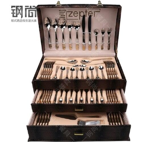 86PCS Gift Box 18/10 Multifunctional Luxury Gold Inlay Stainless Steel Cutlery Set HomeTableware