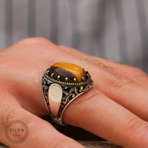 Agate Aqeeq Tiger Eyes(925 silver mens ring. Mens jewelry stamped with silver stamp 925 All sizes are available