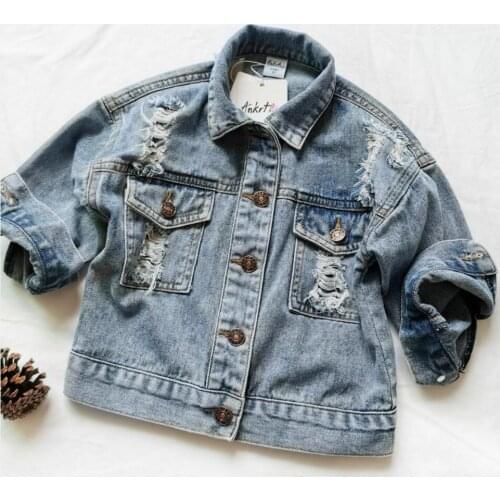 Girls Denim Ripped Jackets For 2 3 4 5 6Years Kids Spring Autumn Jeans Holes Fashion Design Clothes Coats
