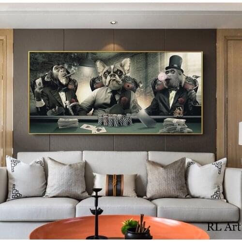 Home Decor Modern Art Painitngs on the Wall Art Posters and Prints Cartoon Anime Art Monkey and Dog at the Gaming Table Pictures