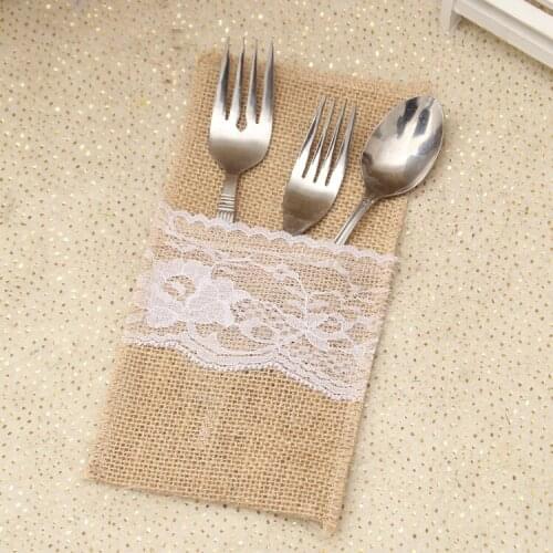 21x11CM High quality 10pcs/lot Jute Tableware Pouch Pocket Burlap Lace Knife and Fork Bag For Rustic Wedding Decoration Supplies