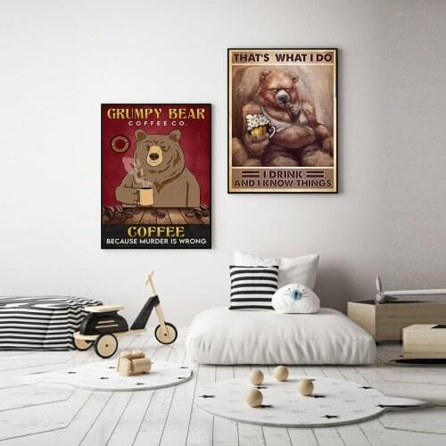 Grumpy bear drinking beer coffee canvas poster retro abstract wall art print picture bathroom living room wall home decoration