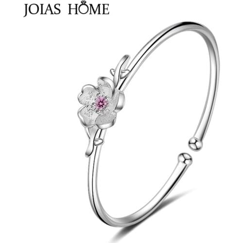 JoiasHome Cuff Bracelet for Women Silver 925 Jewelry trendy gemstone bracelet Flower peach blossom Resizable Female Dating Gift