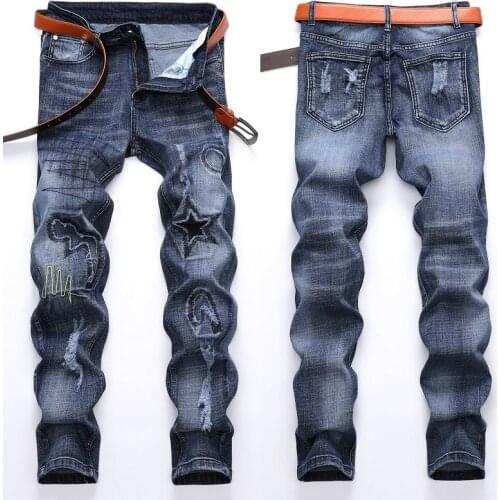 2021 Men’s Ripped Denim Pants,Slim-fit Scratched Blue Jeans,Classic Distressed Casual Jeans Pants,Youth Fashion Must