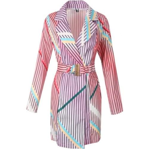 Autumn Dress Women Elegant Trendy Blazer Striped Print Plus Size High Waist Bodycon Mini Shirt Dresses Office