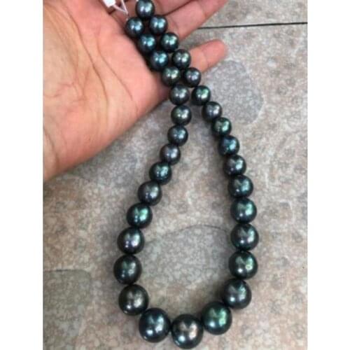 Stunning round huge10-12mm freshwater round black green pearl necklace 18"925silver