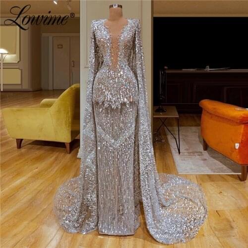 Luxury Silver Evening Dress Middle East Muslim Party Dresses Abendkleider Mermaid Capped Sleeves 2020 New Arrival Prom Dresses