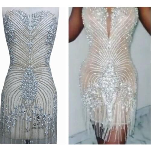 Luxury Rhinestone Bodice Applique Full Body Bodice Motif Sew On 3D Flower Beaded Applique Wedding Dress Decoration