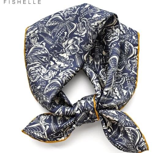 Printing navy blue rose and bird pure silk scarf for women 100% real silk high quality medium square wrap shawl gift for lady