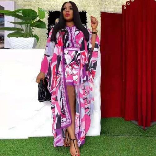 Shorts Two Piece Sets Women Loose Cardigan Batwing Sleeve Long Tops Outfits 2021 Print Sun Protection Beach Bohemian Shorts Suit