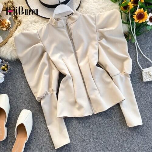 2021 Spring Autumn Korean Clothing Women Court Style Blouses WhiteVintage Woman Lantern Sleeve Stand-up Collar Zipper Slim Tops
