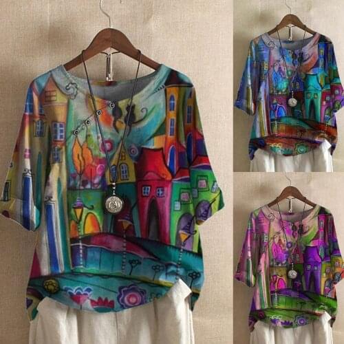 Cat print casual retro national style round neck button stitching womens T-shirt 2021 summer new free shipping womens wear