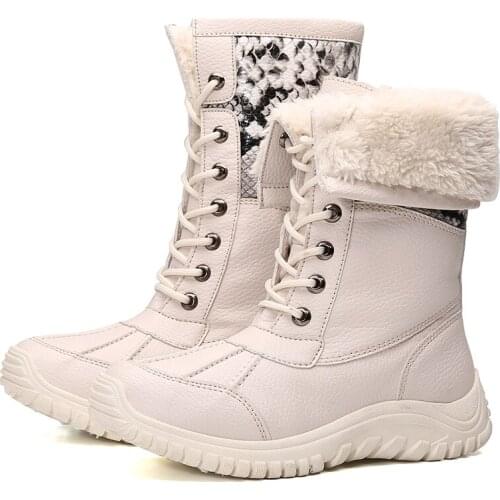 2020 Fashion Female Shoes Women Boots With Fur Winter Warm Non-slip Snow Boots Mid Calf Lace Up Woman Plus Size Boots 41 42 43