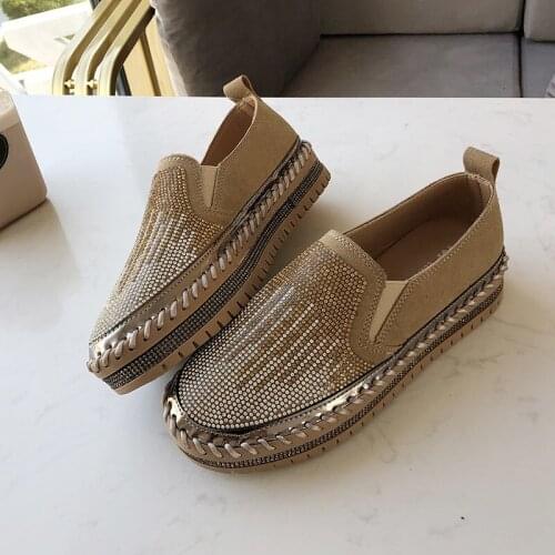 Ladies Platform Slip on Shoes Women Casual Leather Flats Woman 2020 Spring New Fashion Rhinestone Flat with Shoes