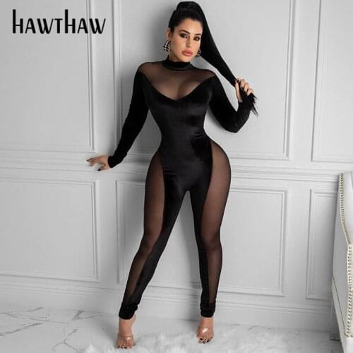 Hawthaw Women Autumn Winter Long Sleeve See Through Bodycon Black Club Jumpsuit Romper Playsuit 2020 Fall Clothes Streetwear