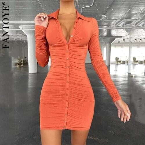 Fantoye Turn-down Collar Ruched Women Dress Orange Sexy Single Breasted Long Sleeve Mini Dresses Ladies Summer Skinny Streetwear