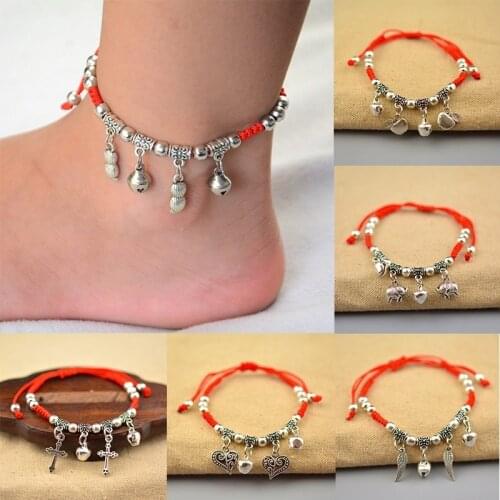 Fashion Eiffel Tower Bells Elephant Pendant Bracelets Alloy Metal Vintage Anklet 1PC Adjustable Weaven Palm Red Rope Jewelry